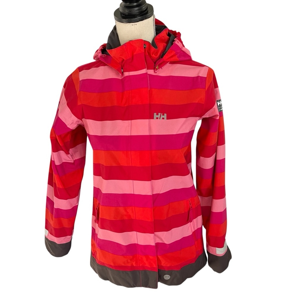 Helly Hansen Pink/Red Stripe Removable Hood Waterproof Rain/Snow Jacket (YL)